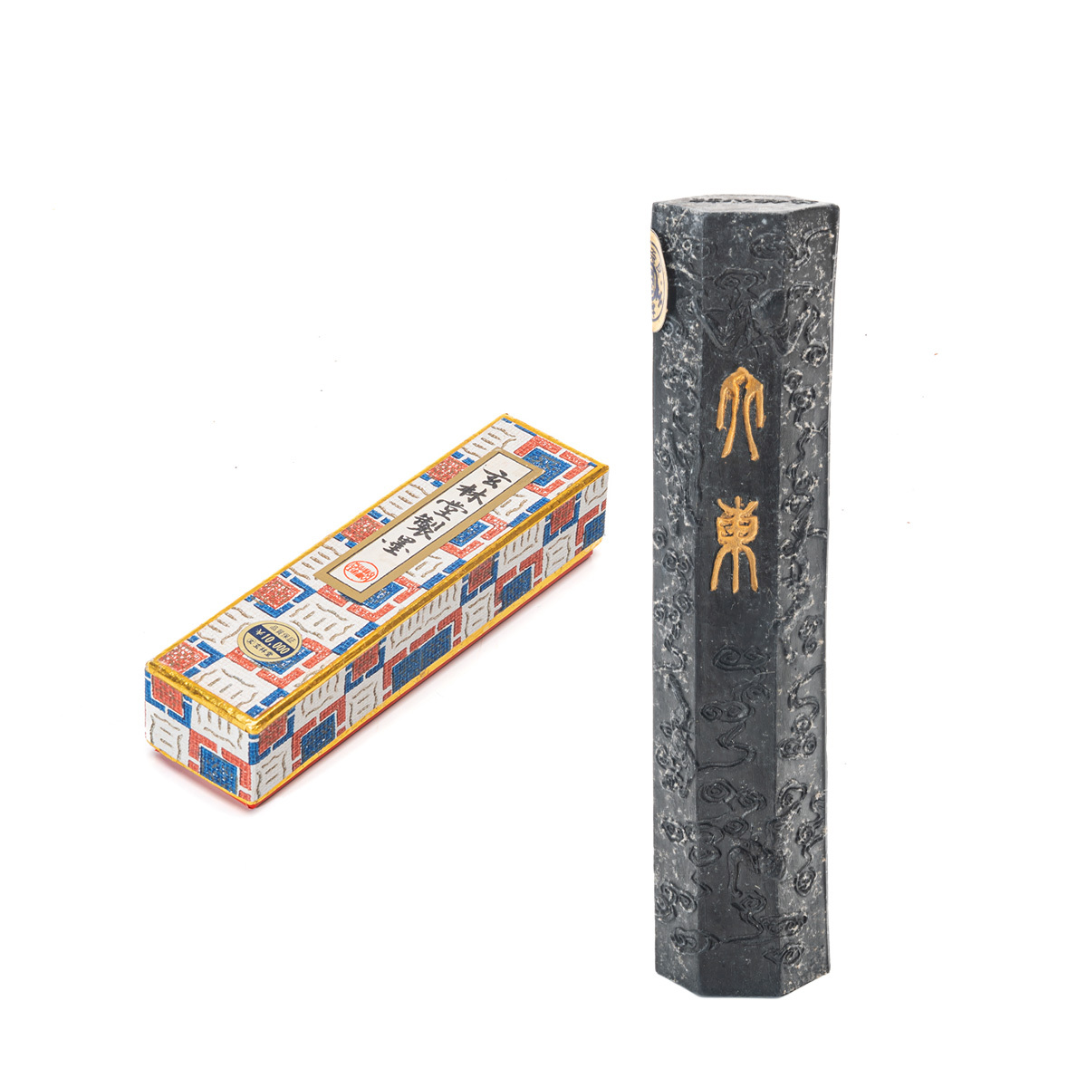 S-961 古墨 六角柱 龍文浮彫 茶種油烟 玄林堂製墨 書道具 文房四宝 2.5×12.5cm 箱付