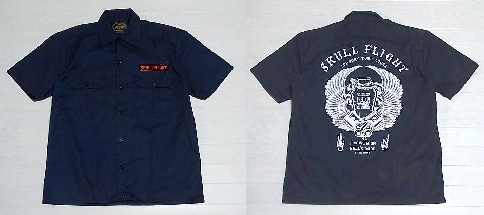 SKULL FLIGHT × Dickies 半袖シャツ　スカルフライト ディッキーズ　半袖 ワークシャツ　ヘリンボーン