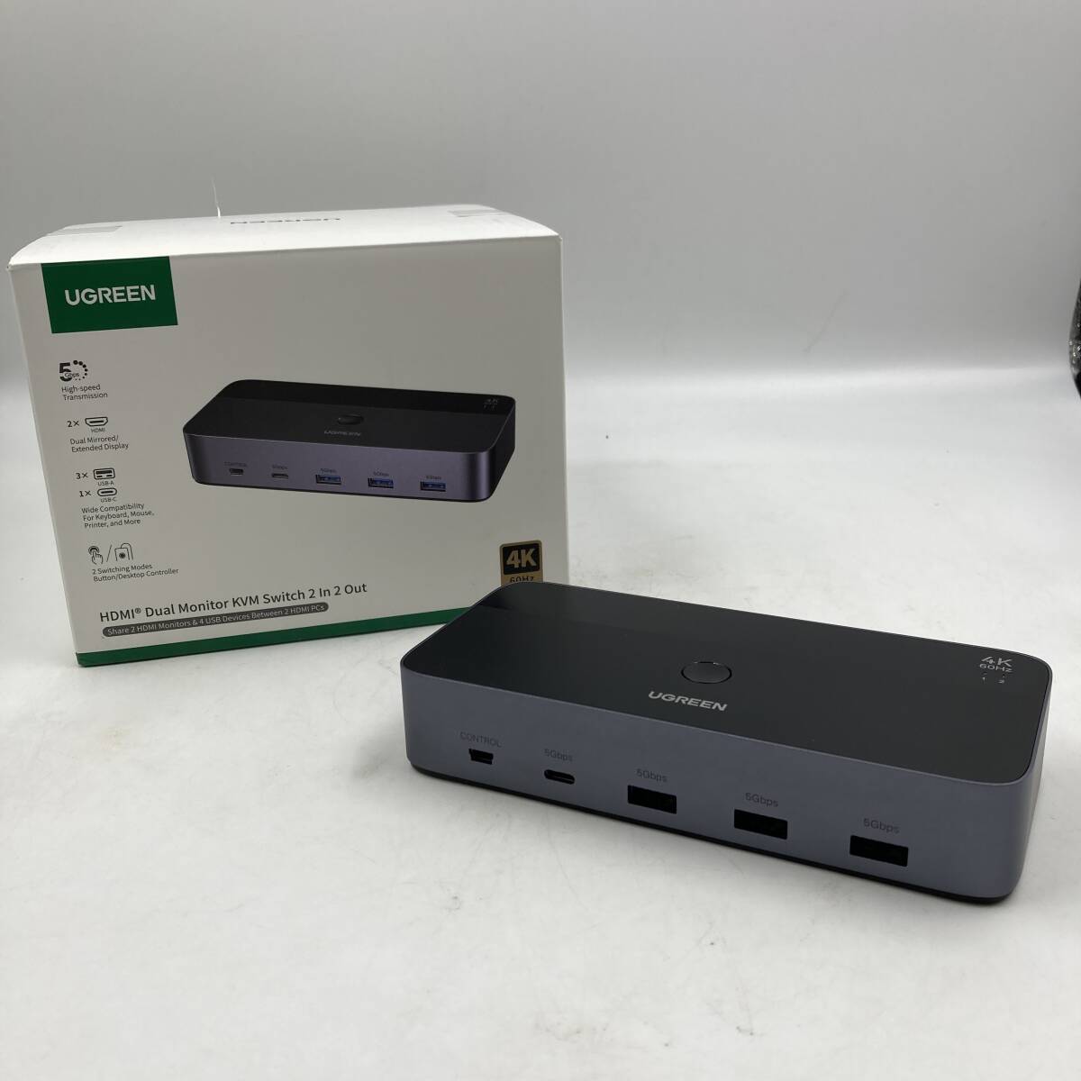 【未検品・美品】UGREEN HDMI KVM切替器 4K@60Hz 2モニタ2コンピュータ 2入力2出力スイッチ/Y40475-L2