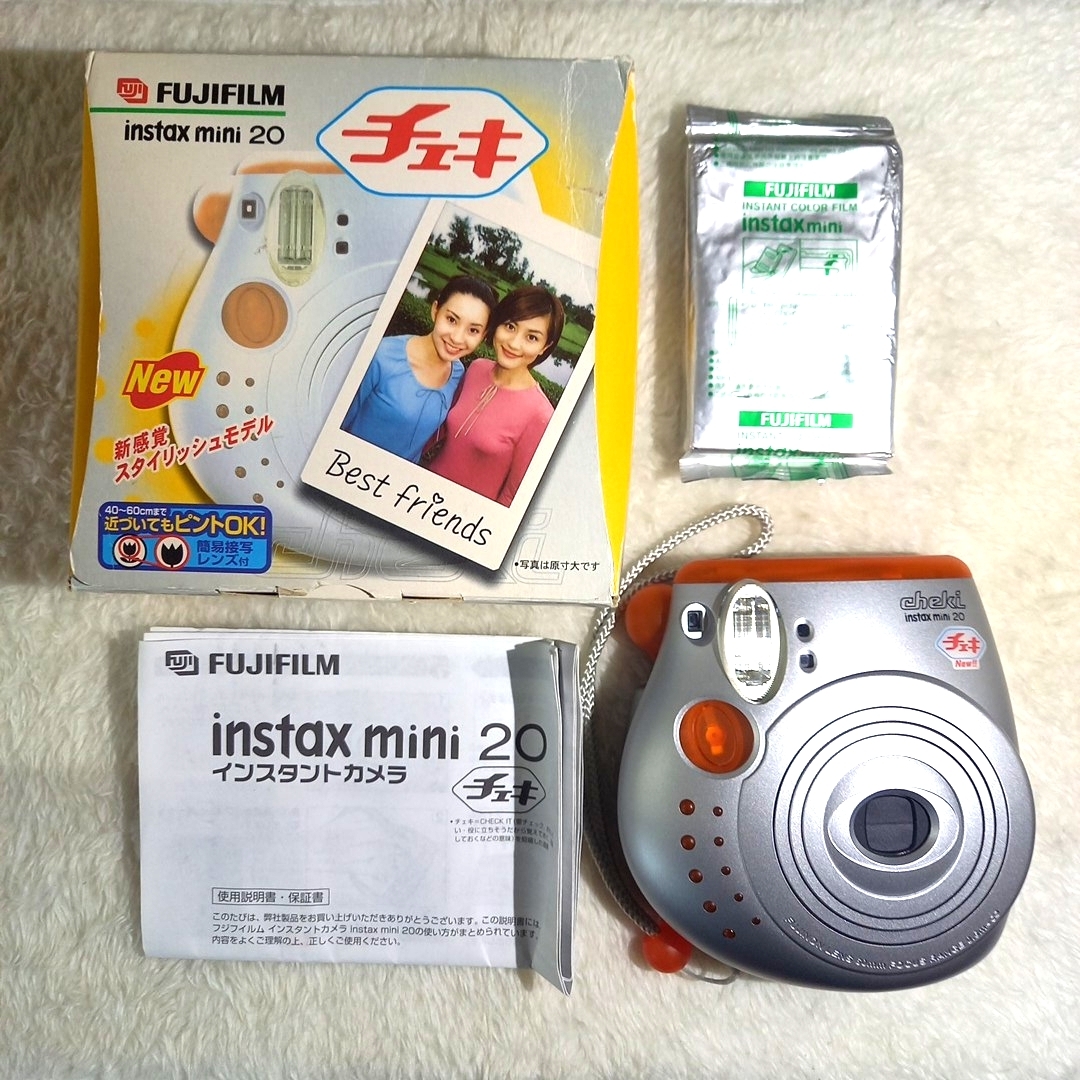 FUJIFILM 「instax mini 20 チェキ」 インスタントカメラ オレンジ　箱　説明書　接写レンズつき