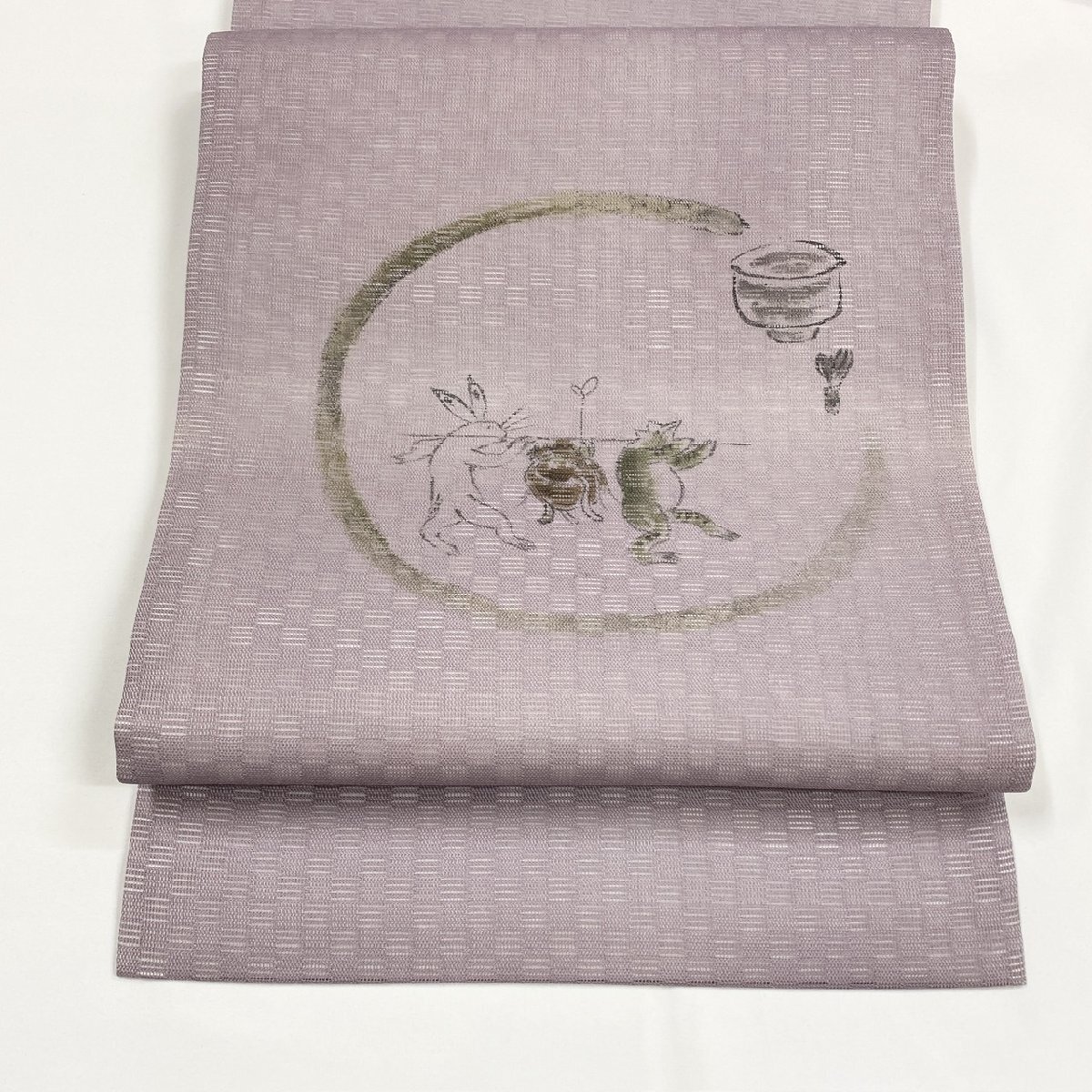 着物月花 紗 手描き染 鳥獣戯画 夏９寸名古屋帯 未使用品 お太鼓柄 正絹 夏帯 開き仕立て tob636
