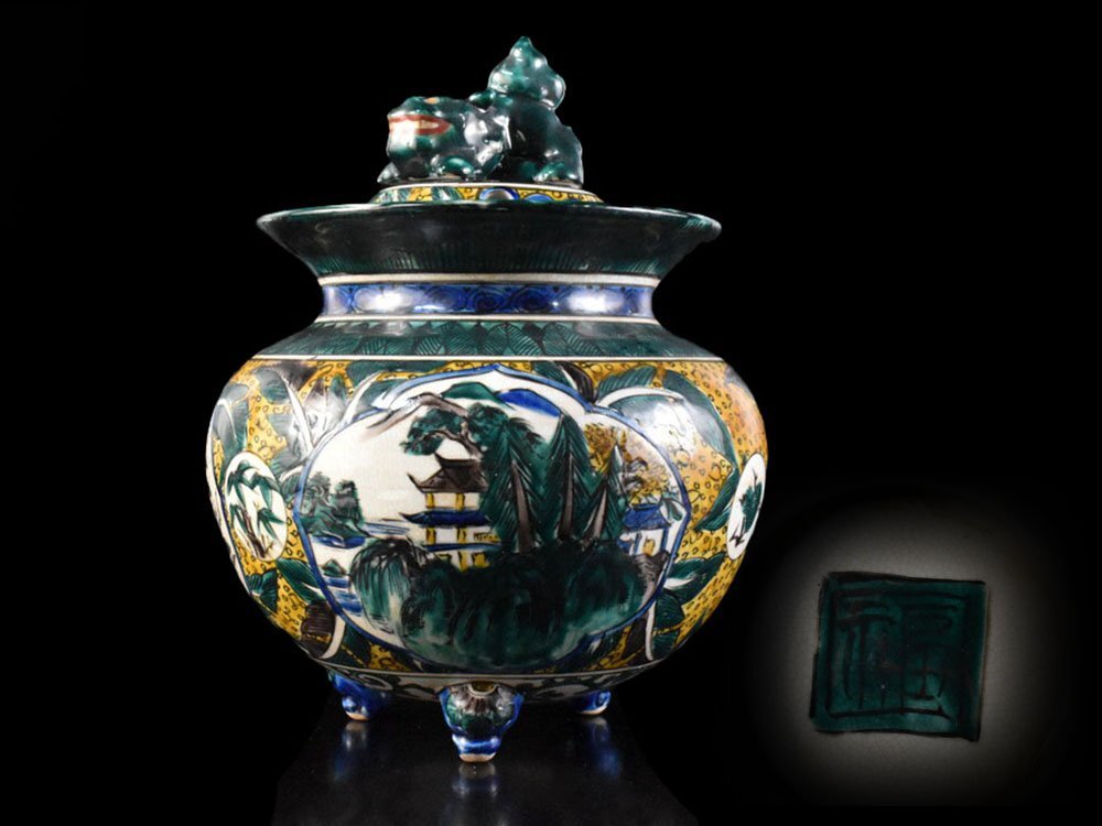 【雲】某名家買取品 古九谷 青手花鳥楼閣山水図三足大獅子香炉 高さ31cm 古美術品(角福吉田屋再興)DY2710 DTeytw OTLcbgv