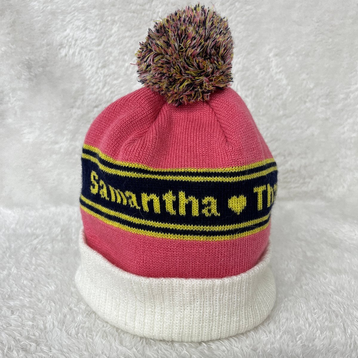 1円1スタ サマンサタバサ ニット帽 ポンポン付 美品 ピンク ネイビー ニット レディース 【参考価格￥7480-】