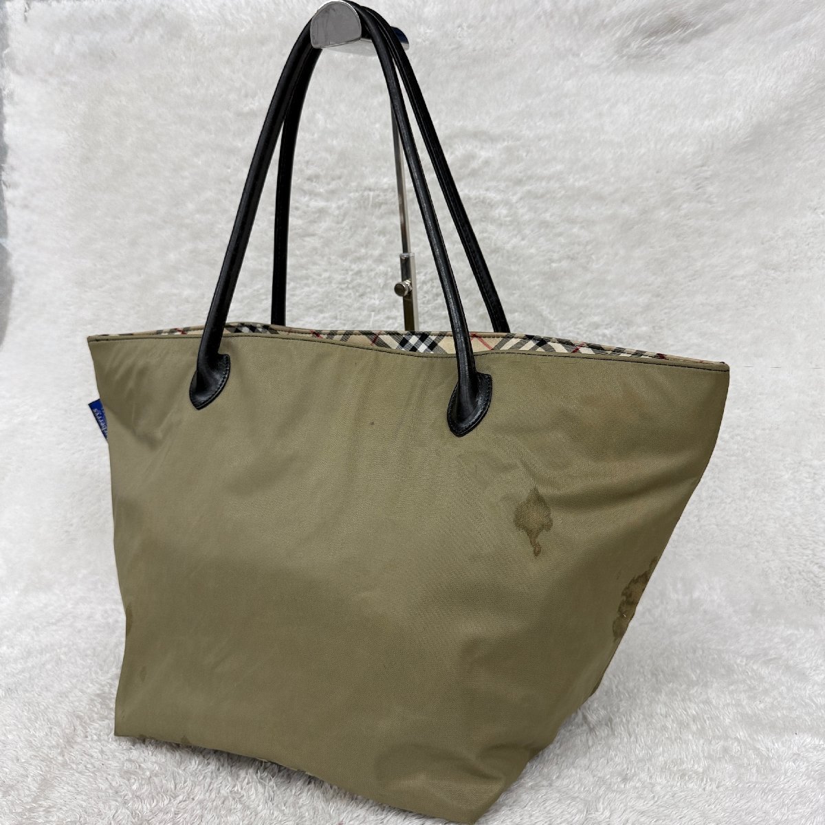 1円1スタ バーバリーブルーレーベル トートバッグ ナイロン ノバチェック カーキ レディース 【参考価格￥12000-】