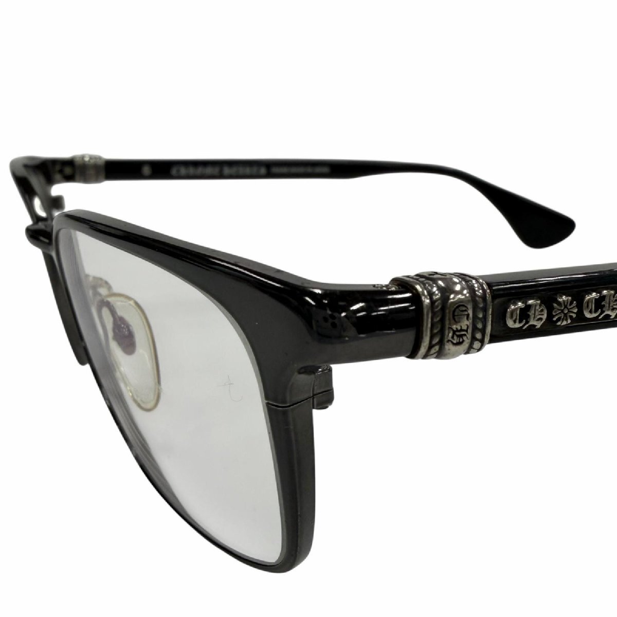 美品▼CHROME HEARTS クロムハーツ GROWLER 1 925 メガネ 眼鏡 アイウェア ブラック シルバー 56□19-144 度入り ケース付 総重量37.32g
