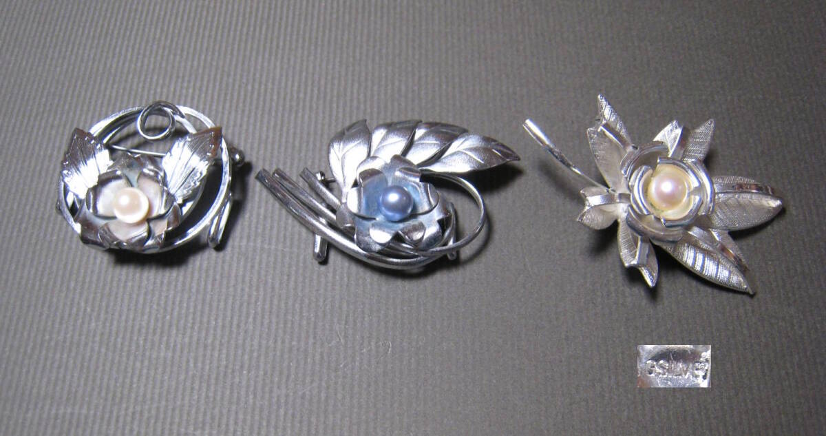 花唐草　花　彫金　パール　帯留３点　洋銀　G・silver　着物　帯飾り　ブローチ兼用　和洋装アクセサリー