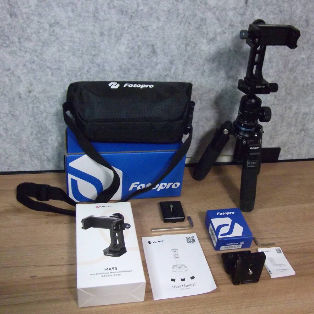 良品 ★ Fotopro ミニ三脚「M-5 Mini 2」＋縦横変換クイックシュー「QAL-F II」＋Ulanzi スマホホルダー「MA53」のセット ★ 送料無料