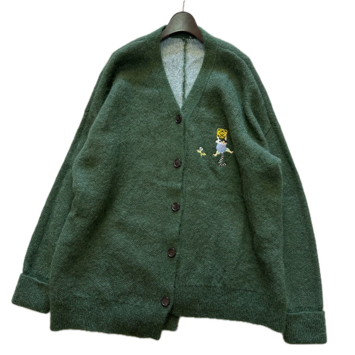 A ■ 良品 イタリア製 希少 入手困難 LOEWE ロエベ ワオキツネザル刺繍 アシンメトリー モヘヤ ニット カーディガン M レディース トップス