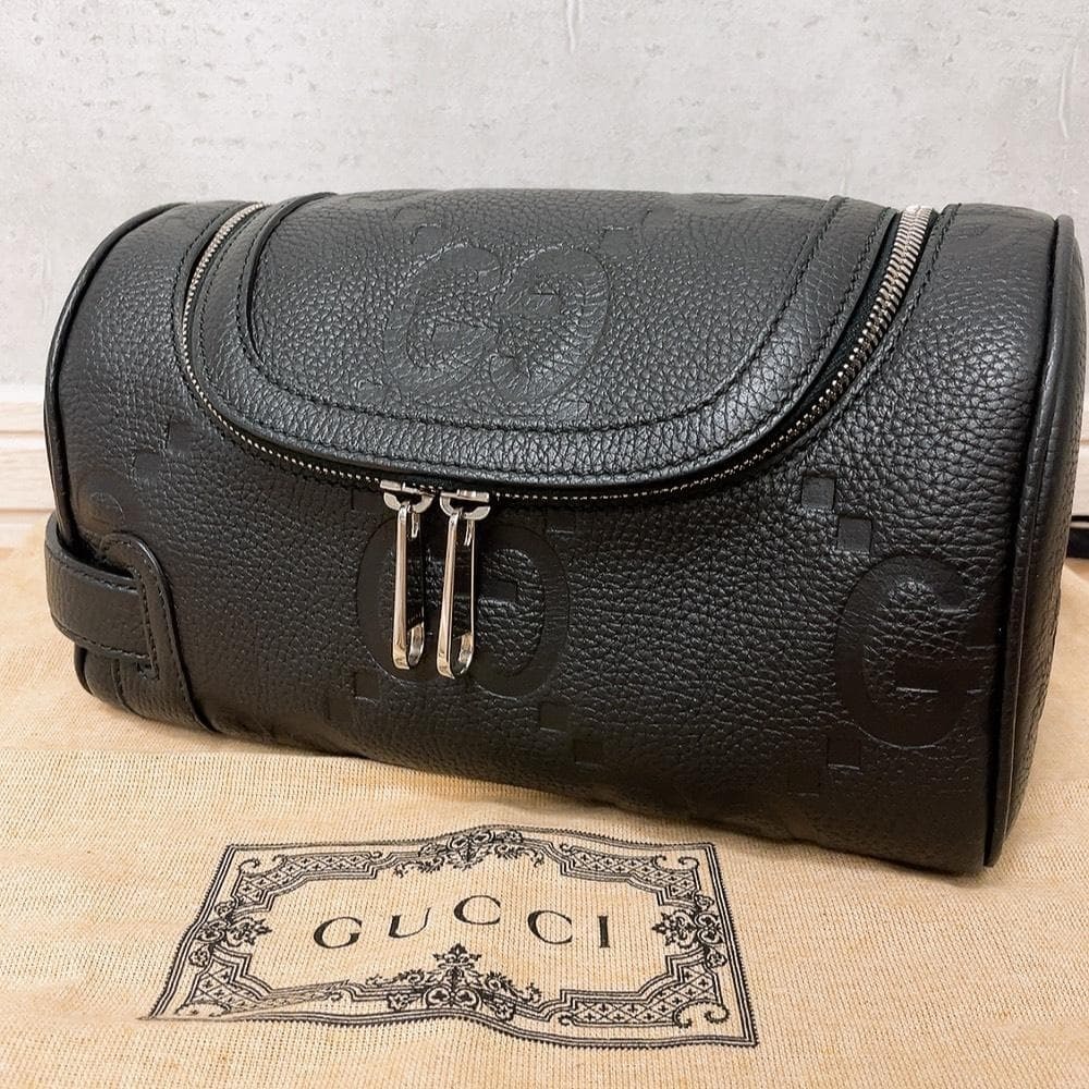 GUCCI グッチ ジャンボGG レザー セカンドバッグ ドラムバッグ ブラック 黒 GGパターン ロゴ メイクポーチ トラベルポーチ 保存袋付き