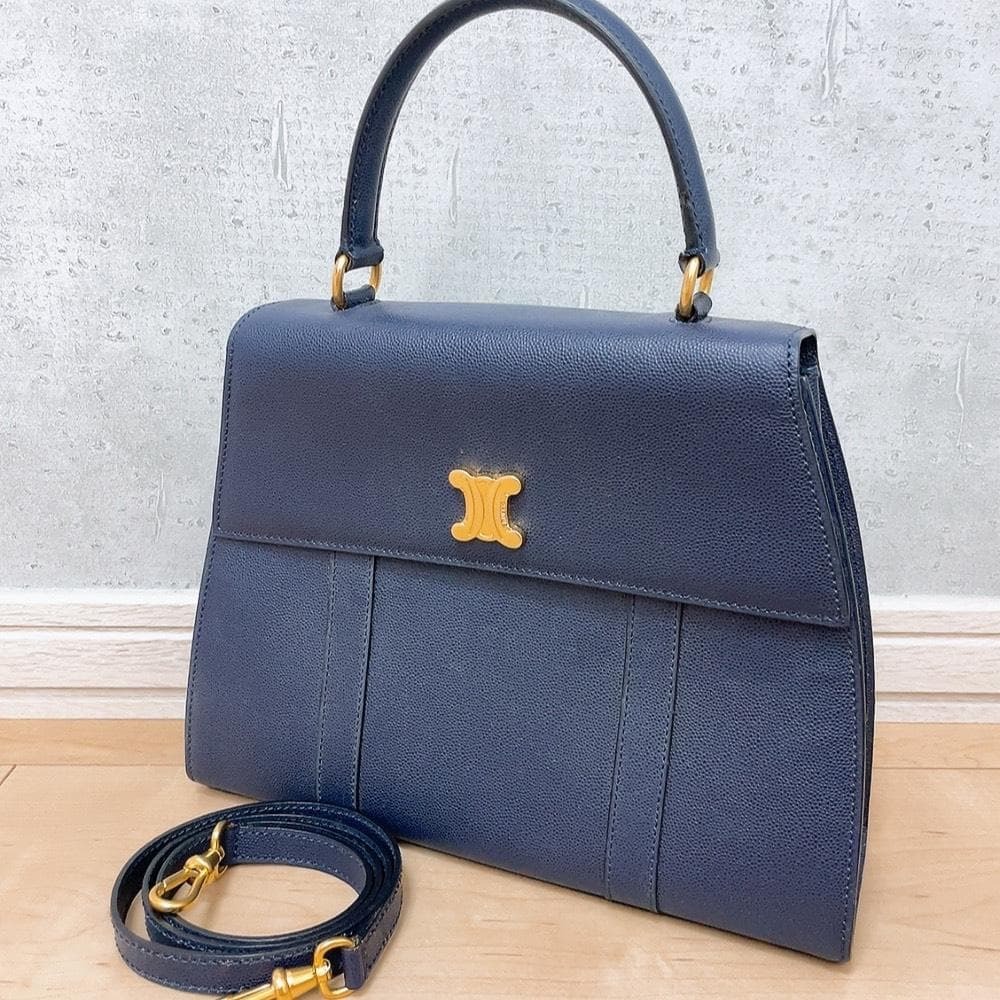 CELINE セリーヌ トリオンフ レザー 2way ショルダーバッグ ハンドバッグ トートバッグ ネイビーブルー 青 ゴールド金具 フォーマル