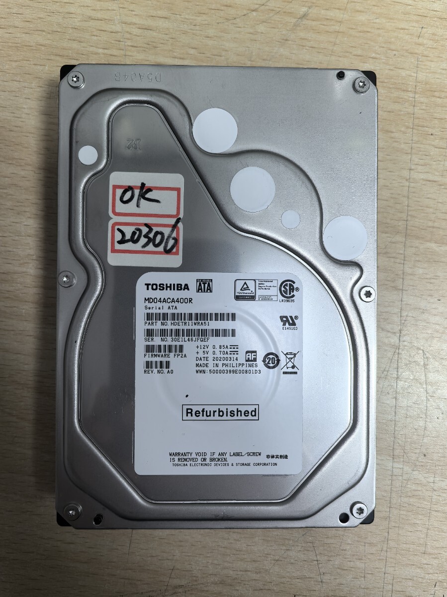 TOSHIBA 内蔵HDD　MD04ACA400R　4TB　フォーマット済み　正常判定　現状販売　20306時間