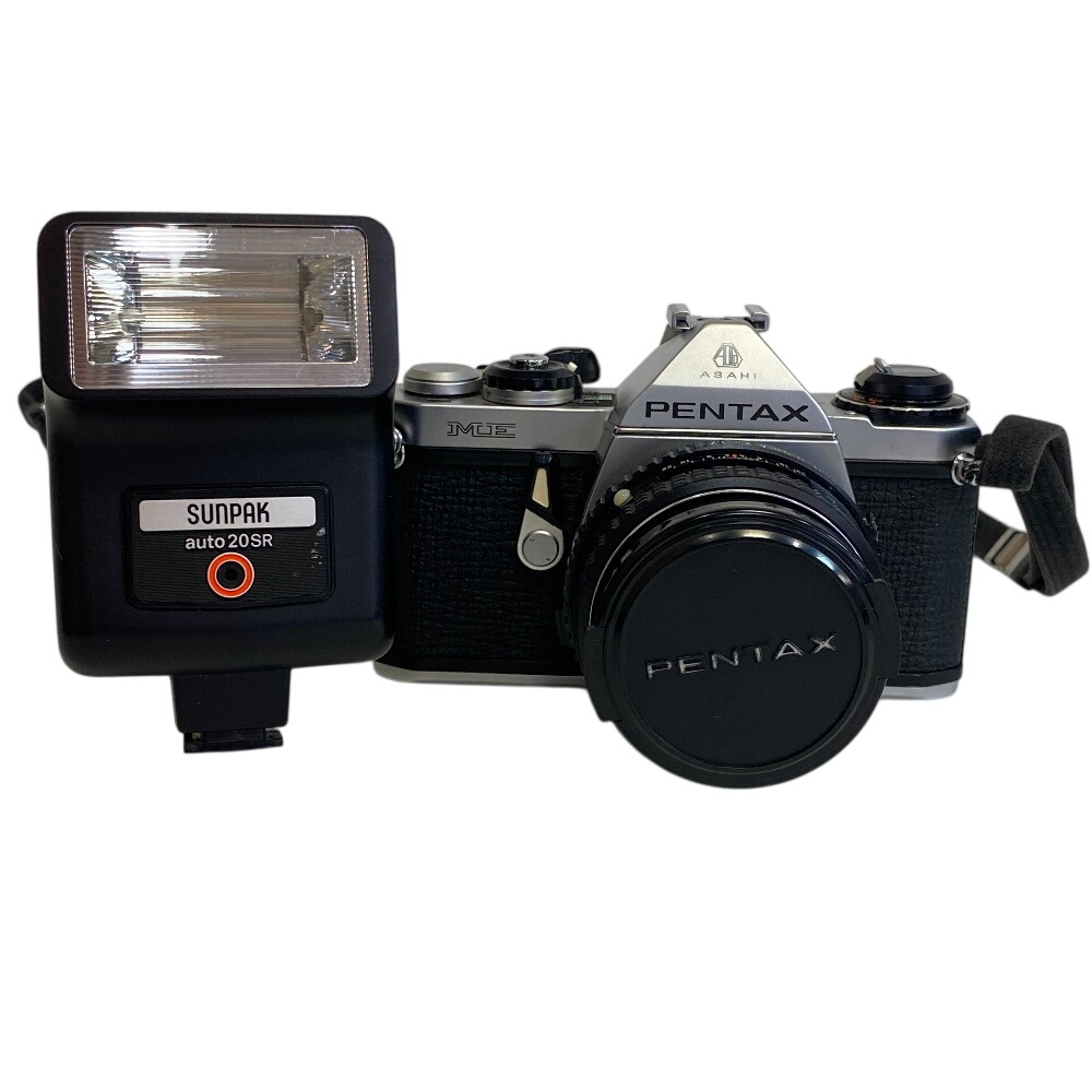 PENTAX ペンタックス ストラップ付 一眼レフ 35mmフィルム対応 50mm F1.7レンズ付 sunpak auto20SRストロボ付 Me 合金 フィルムカメラ