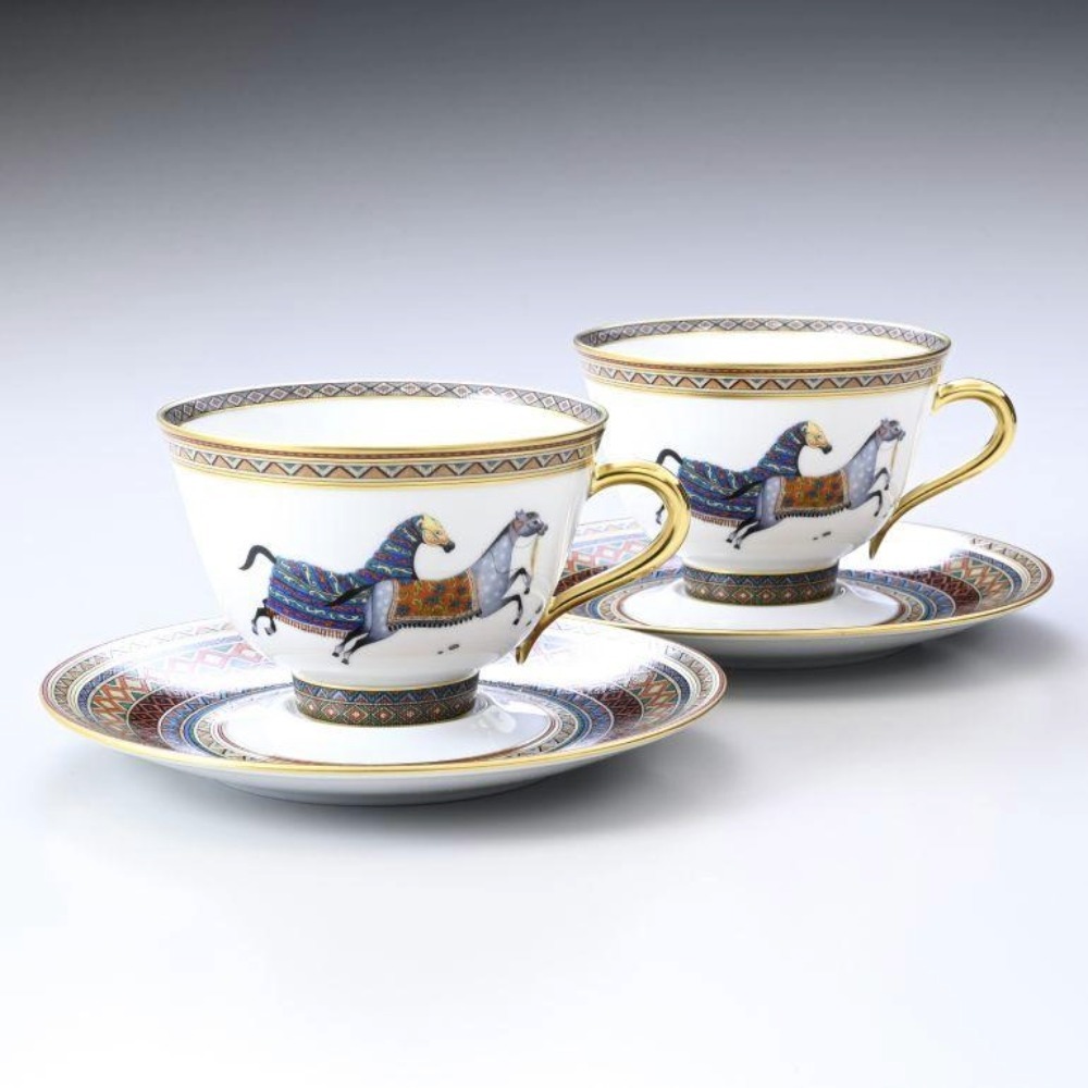 エルメス シュヴァルドリアン ティーカップ＆ソーサー ペア HERMES Cheval d'Orient 9882 高級洋食器 ティーC/S 2客セット ブランド食器