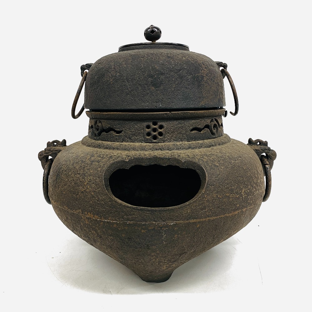 茶道具 茶釜 炉釜 風炉釜 釜鐶 作家 古道具 重量8.4kg 高さ約36cm 直径約32cm 骨董 持手有 鉄製 古美術