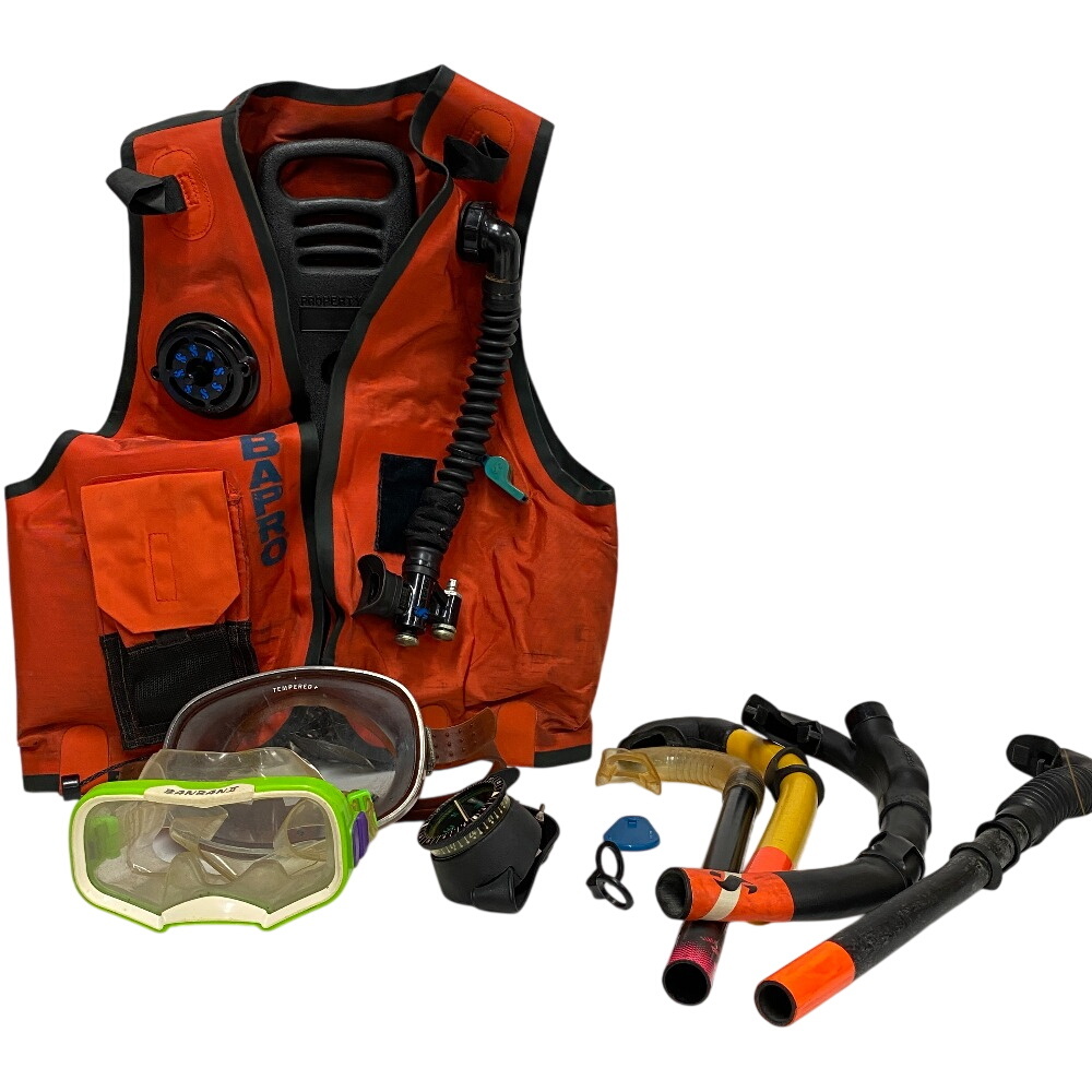 【1円】スキューバープロ 8点 ダイビングゴーグル シュノーケル ポータブルコンパス ライフジャケット マリン スキューバー