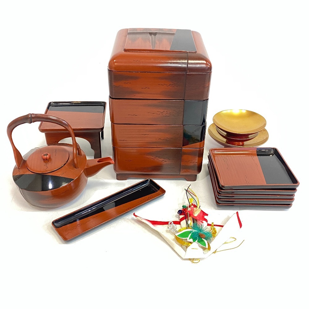 【1円】左崎 屠蘇器セット 三つ組盃 盃台 四段重箱 正月 お屠蘇セット おとそ 酒器 時代 旧家蔵出 共箱