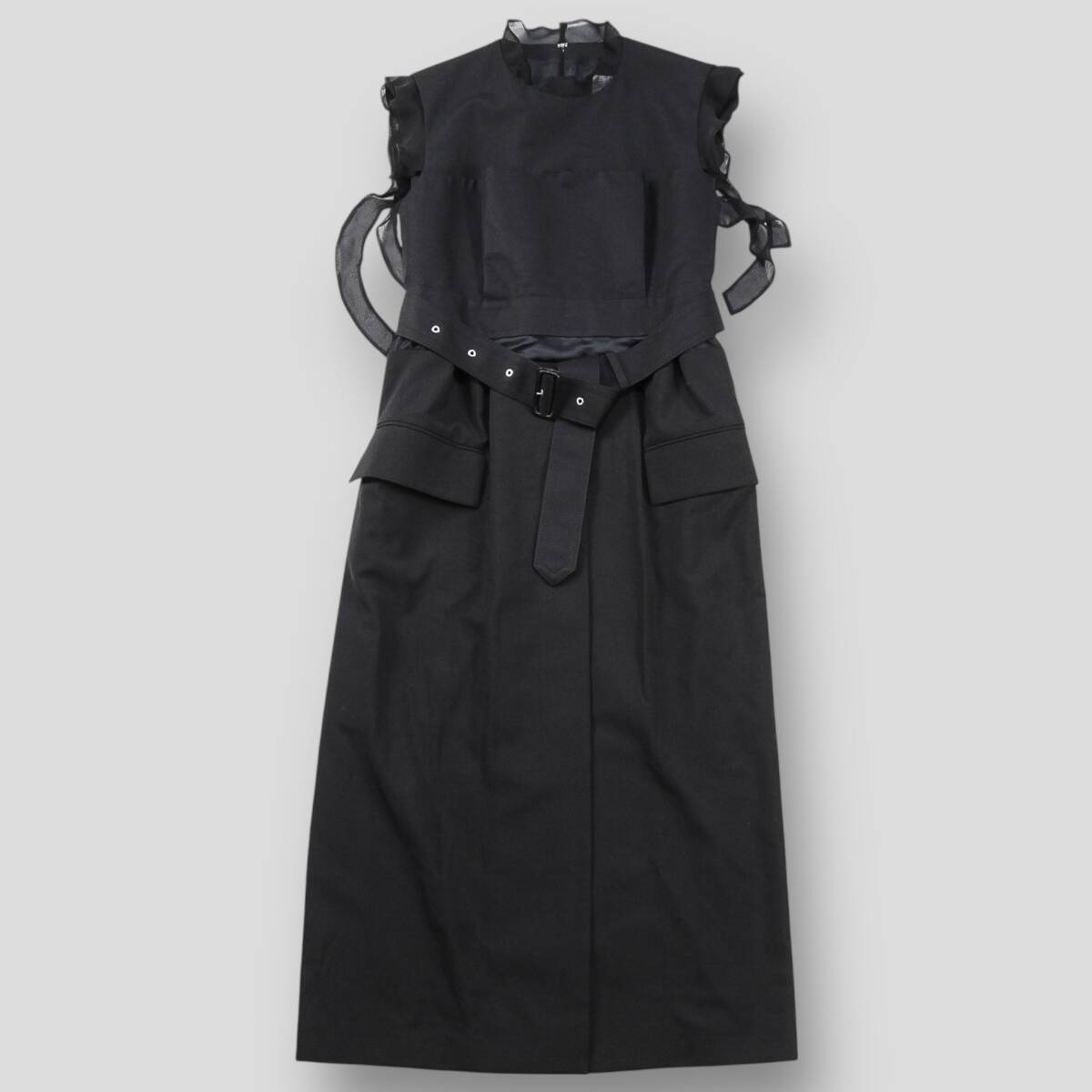 極美品 sacai サカイ 22AW Suiting Mix Dress スーチング ミックスドレス 22-06381 4 ノースリーブ ワンピース フリルカラー レディース