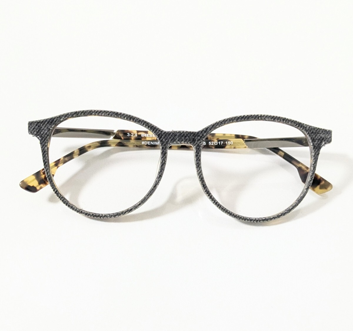  《DIESEL》ディーゼル DENIMEYE　度入りメガネ サングラス　デニム張り　ボストンシェイプ型　琥珀柄　美品　ユニセックス　