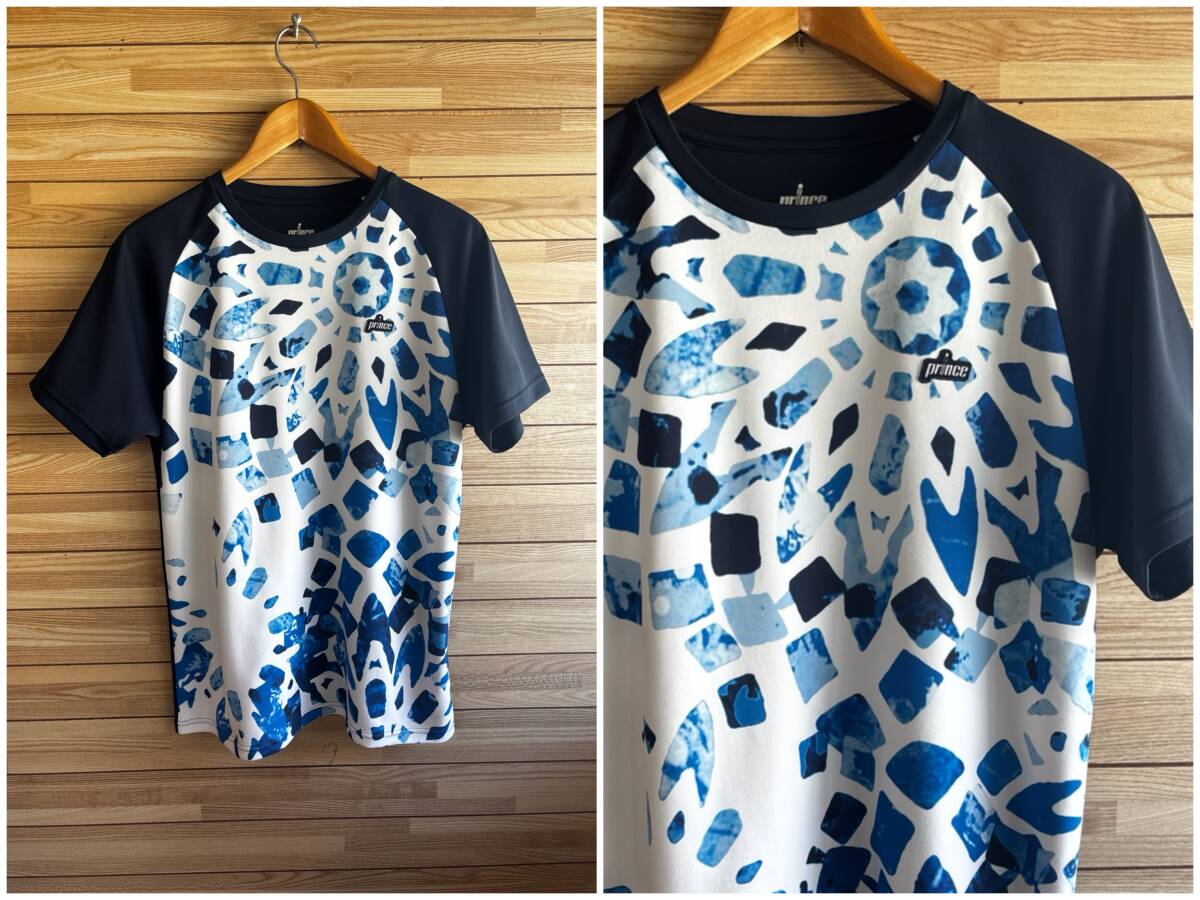 #セール★サイズ L★PRINCE プリンス 半袖 シャツ Tシャツ テニス テニスウェア ゲームシャツ UV ネイビー 紺 ホワイト 白★バドミントン