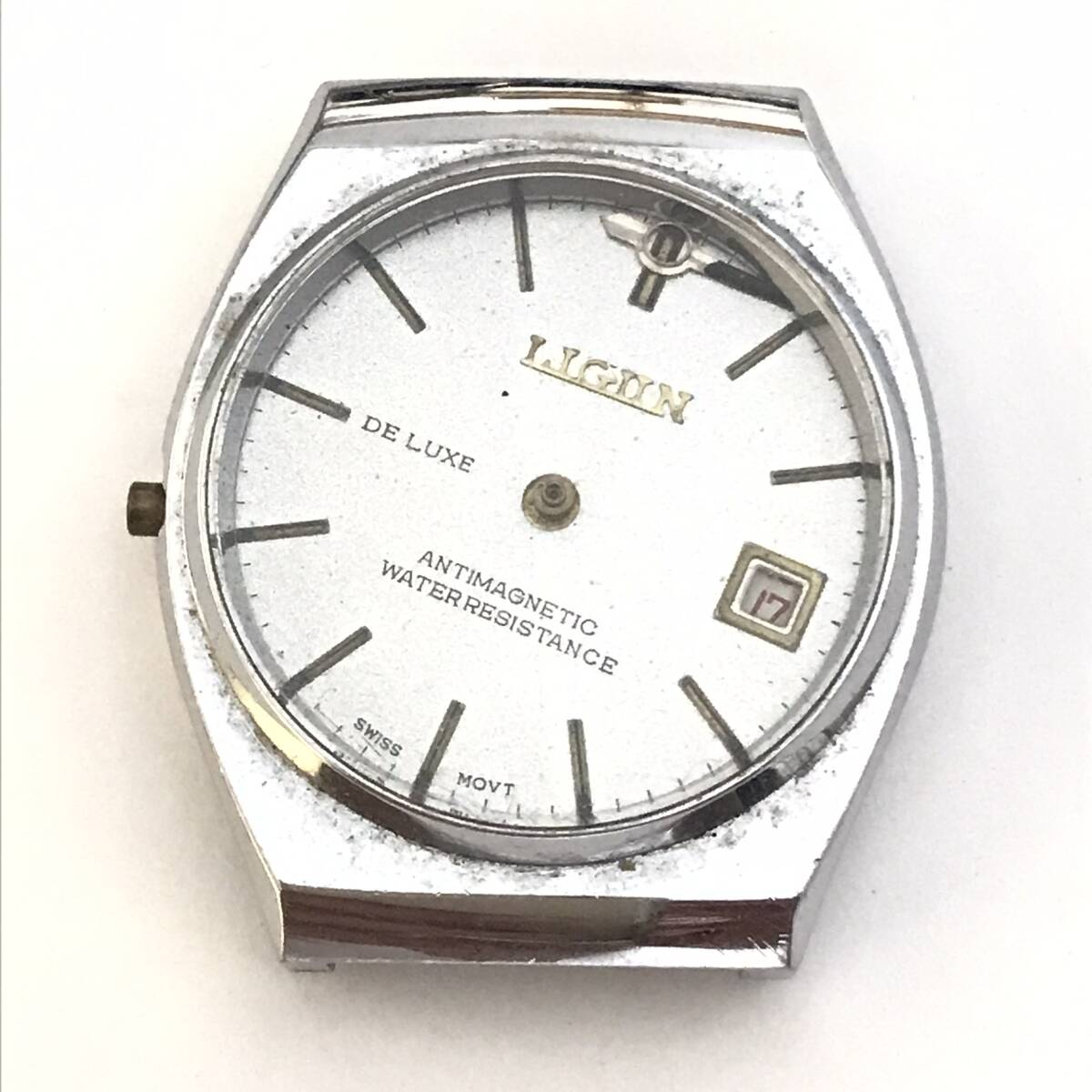 【ジャンク】LIGIN DE LUXE デラックス シルバー文字盤 スイス製ムーブメント 裏蓋星マーク【リューズ欠損・不動品】部品取り 2-8②