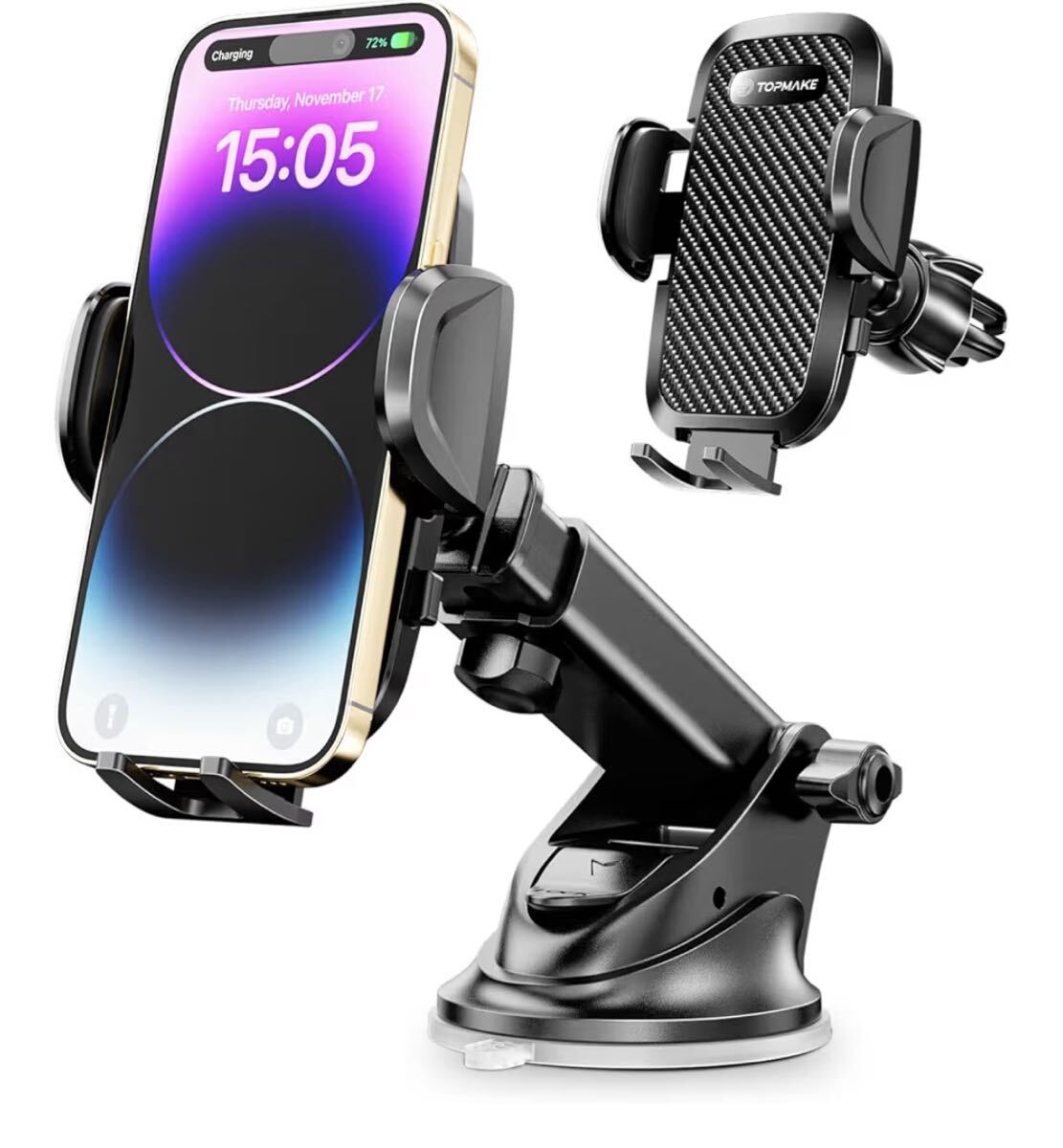 スマホホルダー 車 車載ホルダー ゲルサクションカップ/クリップ 2in1 携帯ホルダー 車 エアコン吹き出し口 360度回転 伸縮アーム黒）