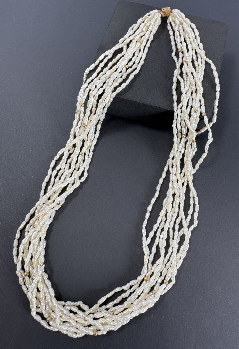 14K留め具 10連 淡水パール ロングネックレス 全長60cm 重量65.5g