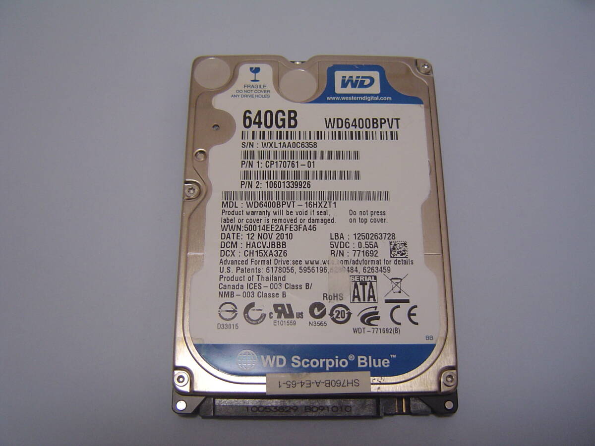 WD Scorpio Blue 2.5インチ HDD 640GB WD6400BPVT　５１2時間　正常動作品