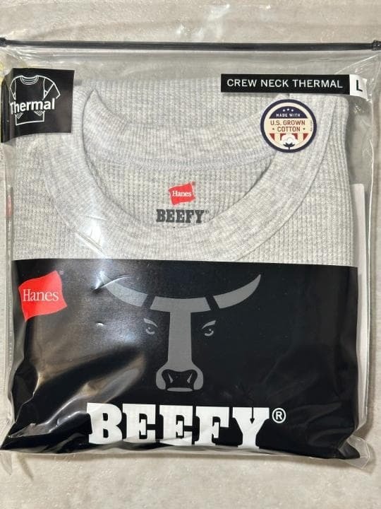 hi0480 Hanes BEEFY ロングT サーマル 丸首 グレー L