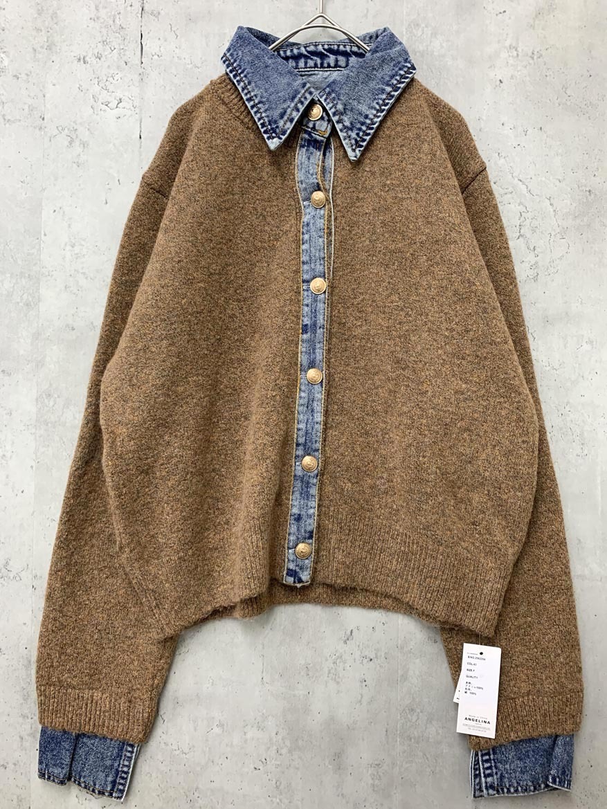 新品 ANGELINA TOKYO アンジェリーナトーキョ ◇■ デニム切替フェイクレイヤードニット カーディガン sizeF/ブラウン ■◇ □