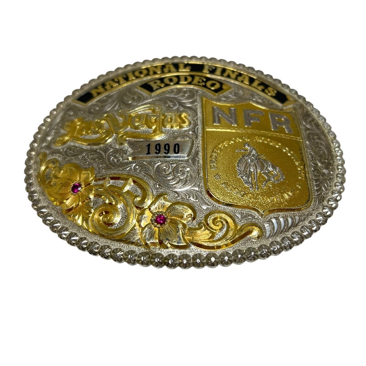 ベルトバックル Gist Inc 1990年 ナショナルファイナルズ ロデオ バックル シルバー ゴールド系 STERLING SILVER OVERLAY USA製