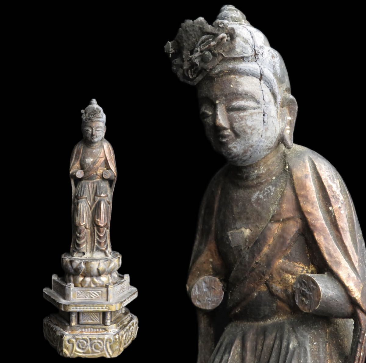 【志】旧家買取品 仏教美術 時代仏像 木彫塗金観音立像 古美術品 骨董品 売り切り(R80401M1)