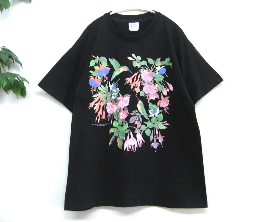 Hanes 90s ヘインズ USA アメリカ製 ★ art アートプリント♪ vintage Tシャツ L フラワー ハチドリ V.PFEIFFER 花柄 黒 ブラック系
