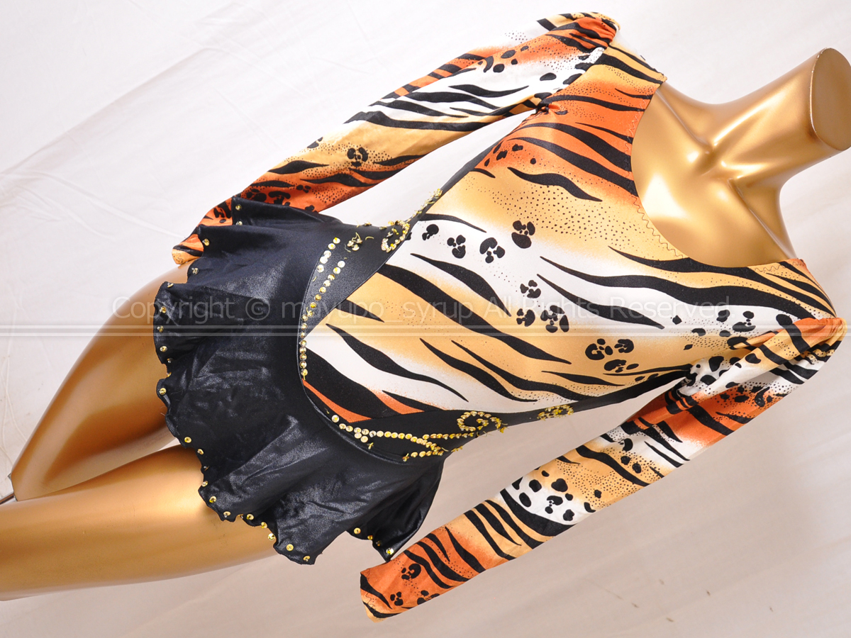 L1308-10★Fashions for Athletics フィギュアスケート 長袖スカート付きレオタード アニマル柄×ブラック M