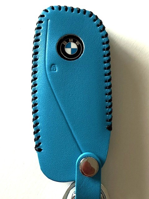 牛革ジャストフィット 現行 BMW スマートキーケース ターコイズブルー色縫い糸黒 BMW キーケース 新型BMW キーケース 1
