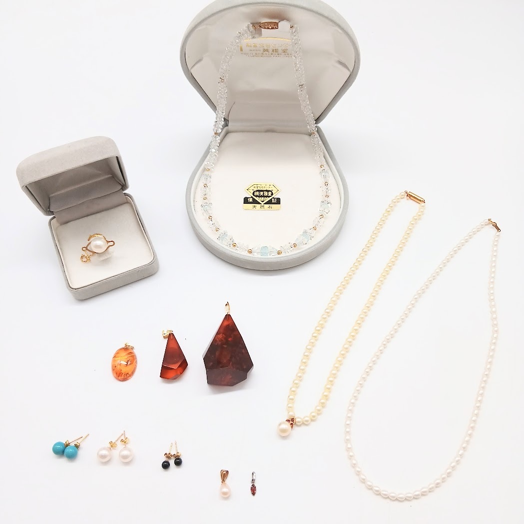 【K-3】K18/585/Pt刻印　アクセサリー12品おまとめ　パール　琥珀　天然石　ネックレス　ペンダントトップ　ピアス他　総重量約62.4g