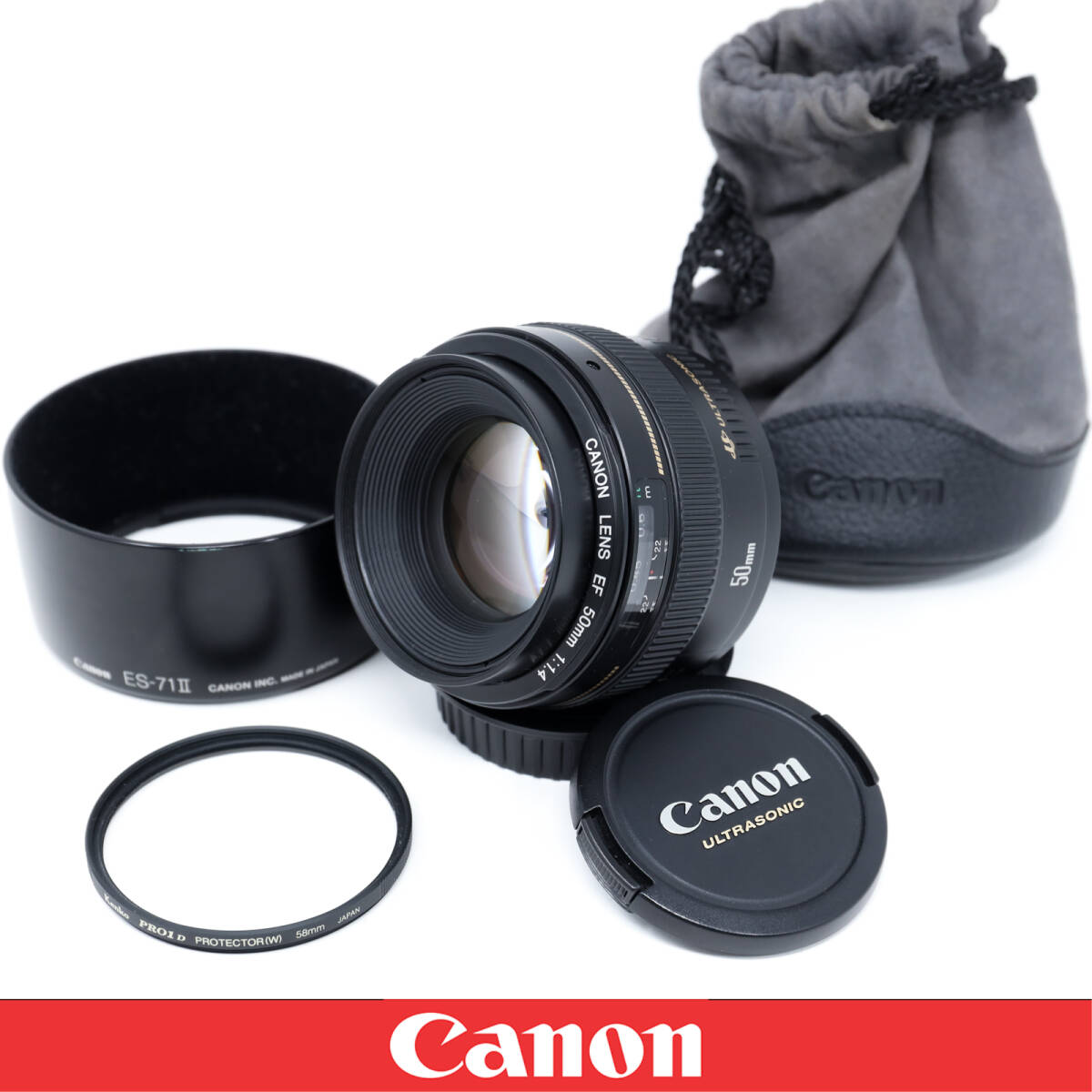【美品】Canon キヤノン EF 50mm F1.4 USM 単焦点 実写 フィルター フード ポーチ 憧れのボケ味 背景ボケ ポートレート 銘玉 EF5014U