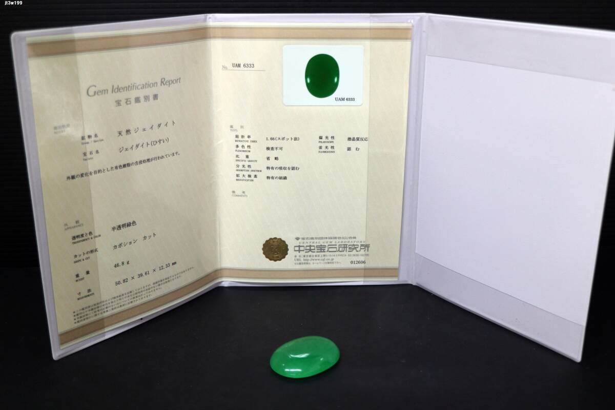 JT3w199 翡翠 天然ジェダイト 半透明緑色 カボションカット 46.8g 50.82x39.61x12.33mm 中央宝石研究所宝石鑑別書あり 60サイズ