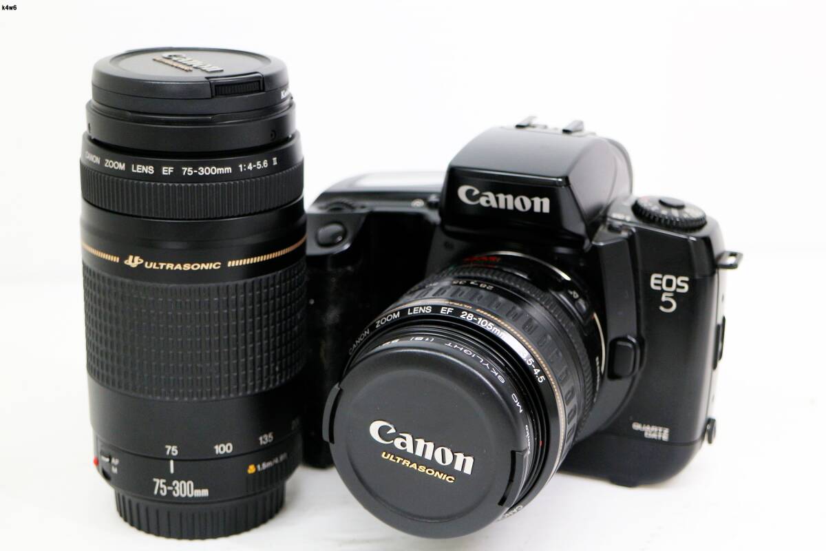 K4w6 CANON EOS5 28-105mm F3.5-4.5/75-300mm F4-5.6II カメラ通電○ その他動作未確認 ボディベタつき 60サイズ
