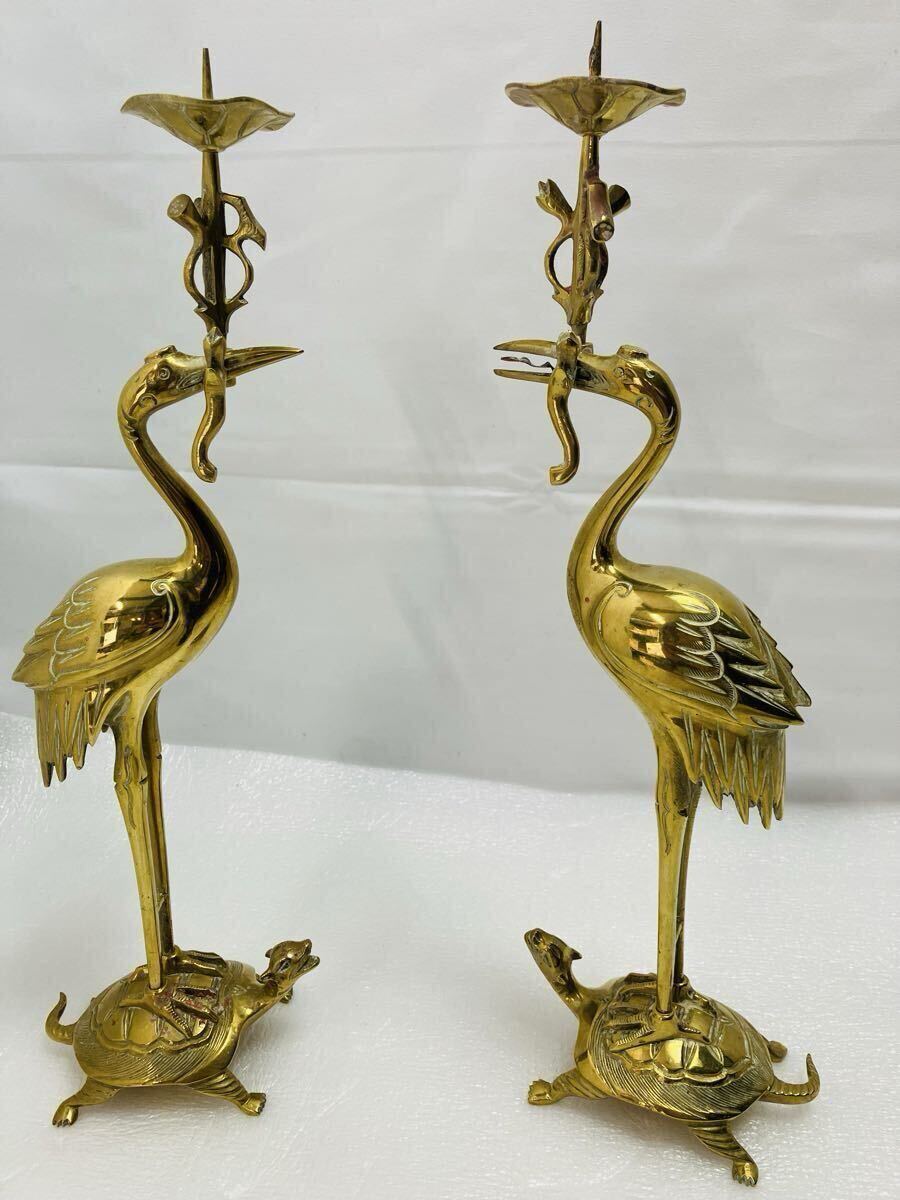 D708 鶴亀燭台　火立　左右セット 右鶴　左鶴　仏具　前卓飾り　ろうそく立て　つるかめ　灯立　燭台 ローソク立て　彼岸　法要　法事 中古