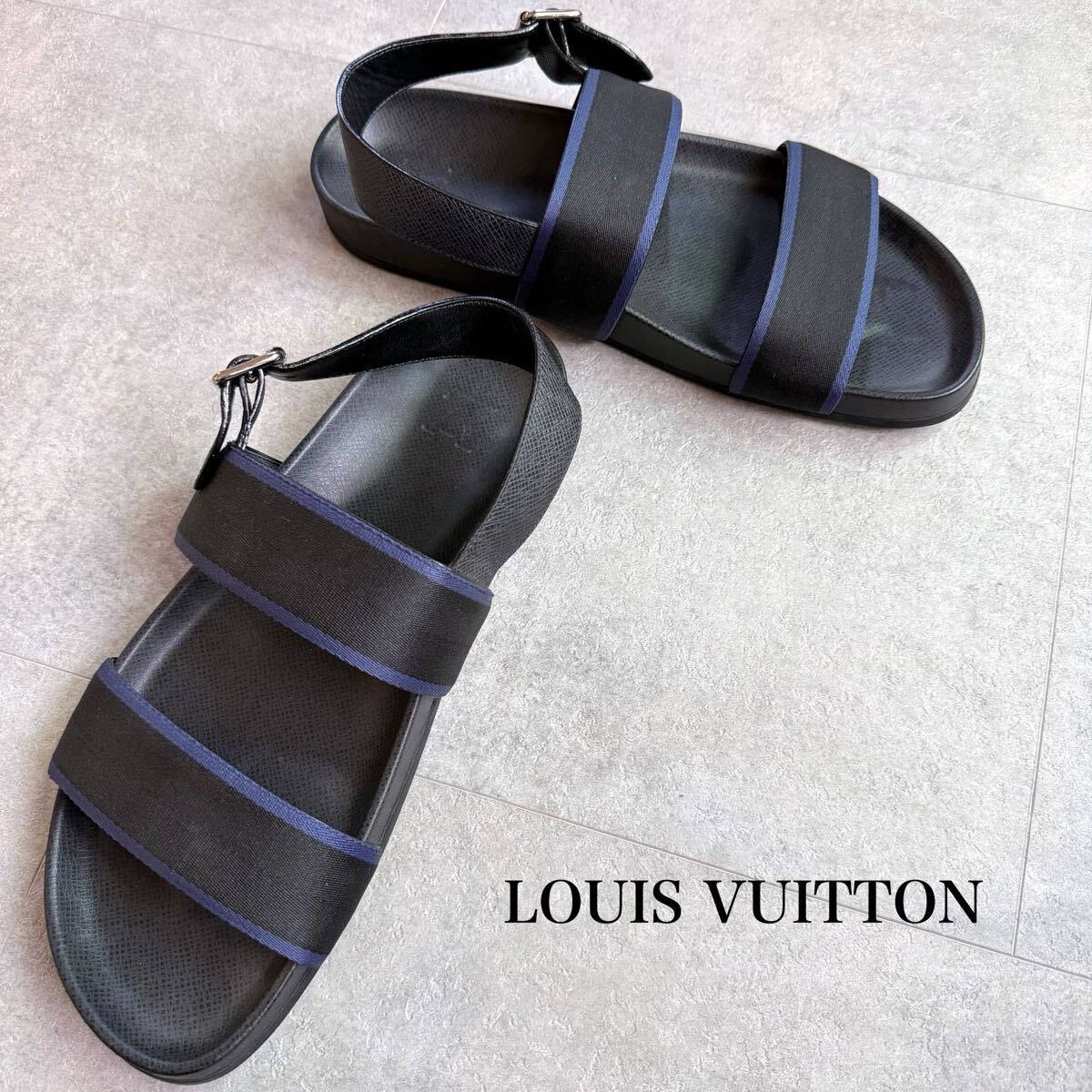 LOUIS VUITTON ルイヴィトン ベルトロゴ ストラップサンダル スポーツサンダル LV ブラック ネイビー レザー 9 メンズ 27.5cm
