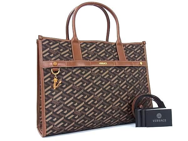 1円 ■極美品■ VERSACE ヴェルサーチ PVC×レザー 総柄 2WAY クロスボディ トートバッグ ショルダー ブラウン系×ブラック系 AY6995拍卖