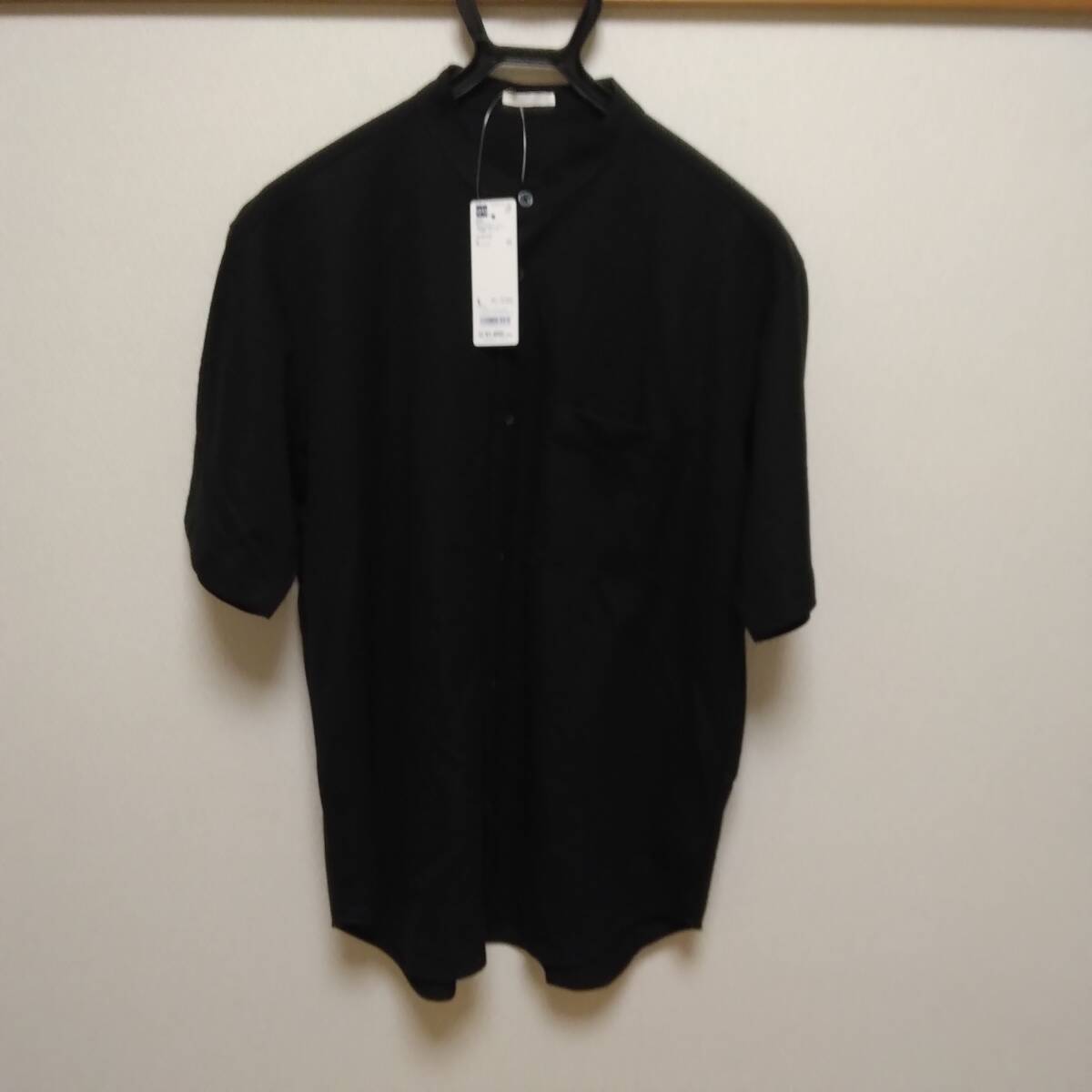 新品GU（ジーユー）MENカットソースタンドカラーシャツ (半袖) ブラックサイズL