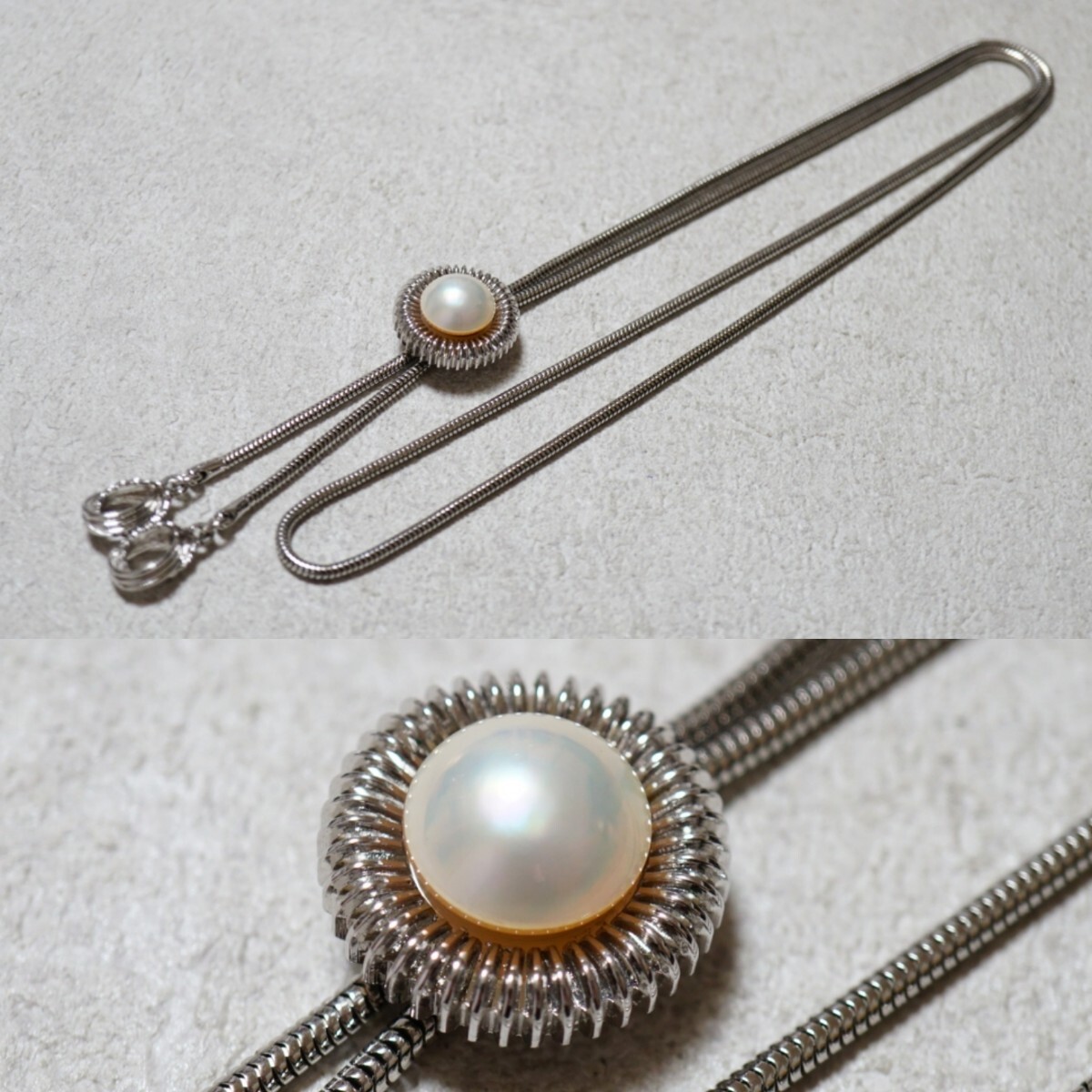 617 マベパール 本真珠 パール ループタイ ペンダント ネックレス ヴィンテージ アクセサリー 冠婚葬祭 マベ貝 半円真珠 装飾品