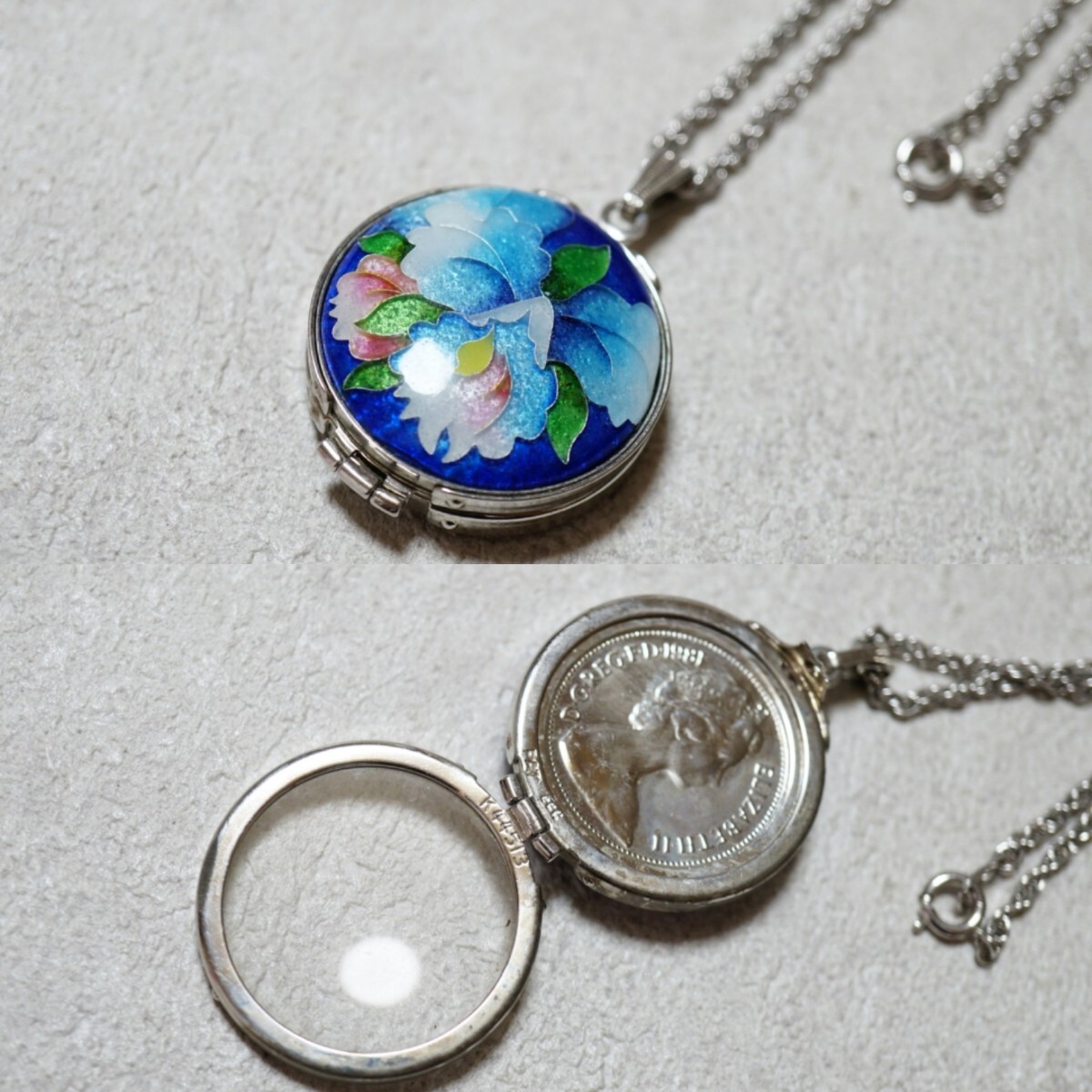 602 七宝焼 コイン ルーペ ネックレス ペンダント ヴィンテージ アクセサリー 焼き物 陶器 装飾品