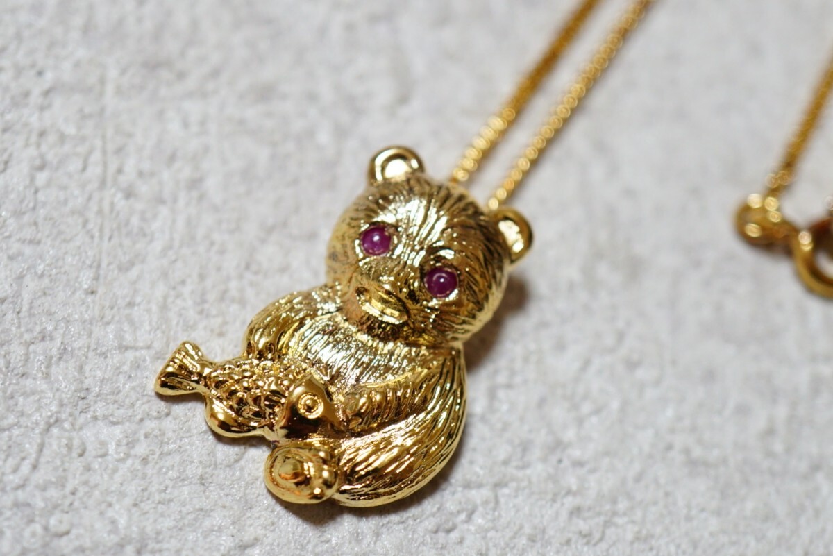 589 天然ルビー 熊 ゴールドカラー ペンダント ネックレス ヴィンテージ アクセサリー SILVER 925刻印 天然石 宝石 色石 カラーストーン