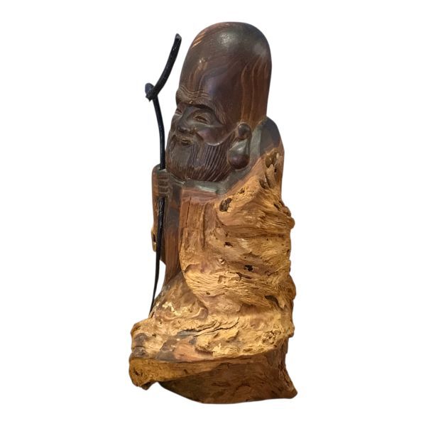 【中古】木彫りの置物 福禄寿 讃岐一刀彫 末澤一刀斉 高さ約24cm 長期保管品◆N4-896