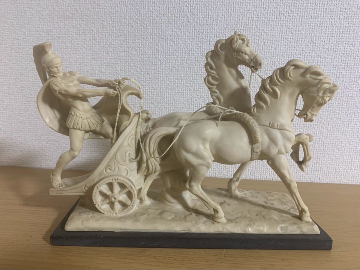 イタリア製アンティーク彫刻置物サンティーニA.Santini騎士　馬　大理石風　インテリア