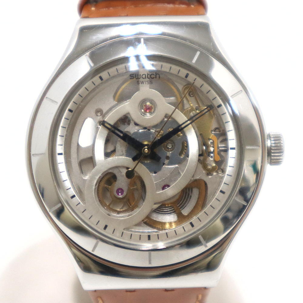 【現状販売品】swatch 腕時計 アナログ 3針 スケルトン 自動巻き ステンレス シルバー ブラウンレザーベルト [jgg]