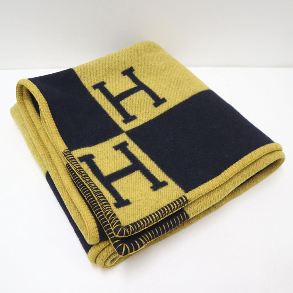 美品 【現状販売品】HERMES エルメス ブランケット アヴァロン イエロー×ブラック ウール×カシミア/カシミヤ/膝掛け/nj0021[jgg]