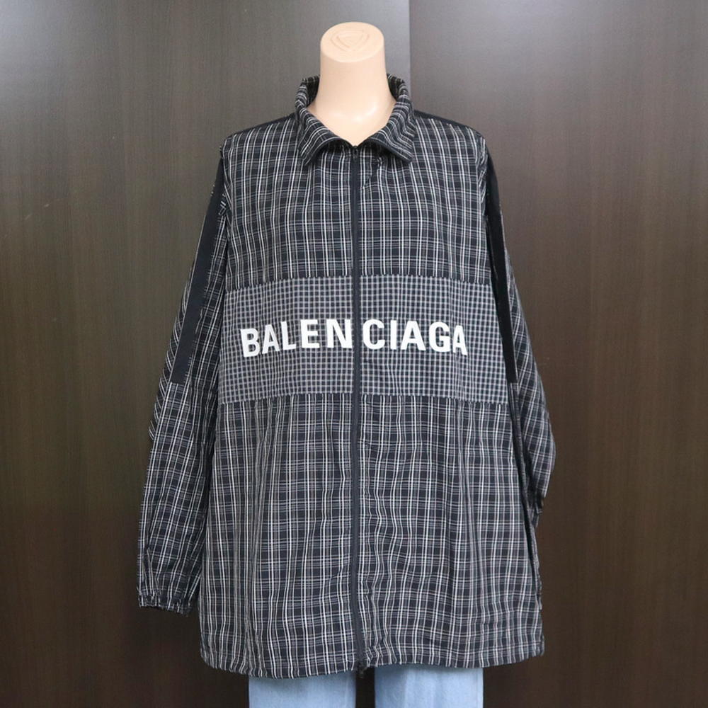 超美品 【現状販売品】BALENCIAGA バレンシアガ ポプリン チェックシャツジャケット ブラック ロゴ [jgg]